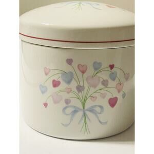 Vintage FTDA Vanity Jar Bouquet Of Hearts Porcelain Trinket Canister With Lid